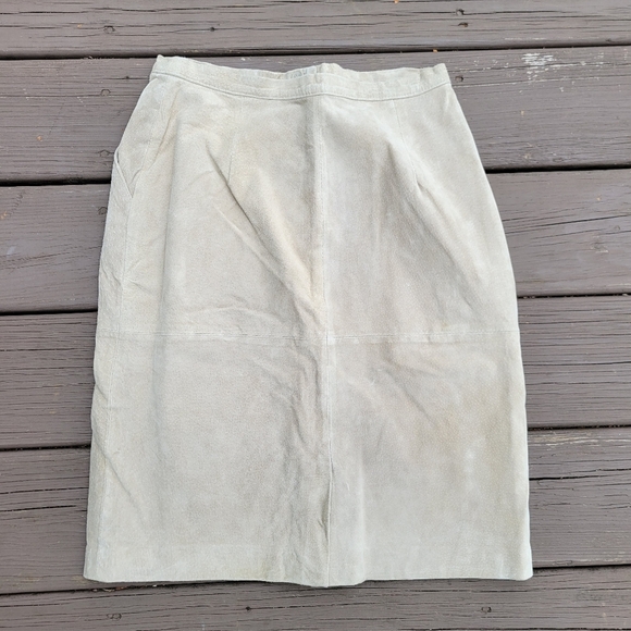 Vintage 90s y2k Bratz Tan Suede Leather High Waisted Midi Length Pencil Skirt 6 - Picture 2 of 4